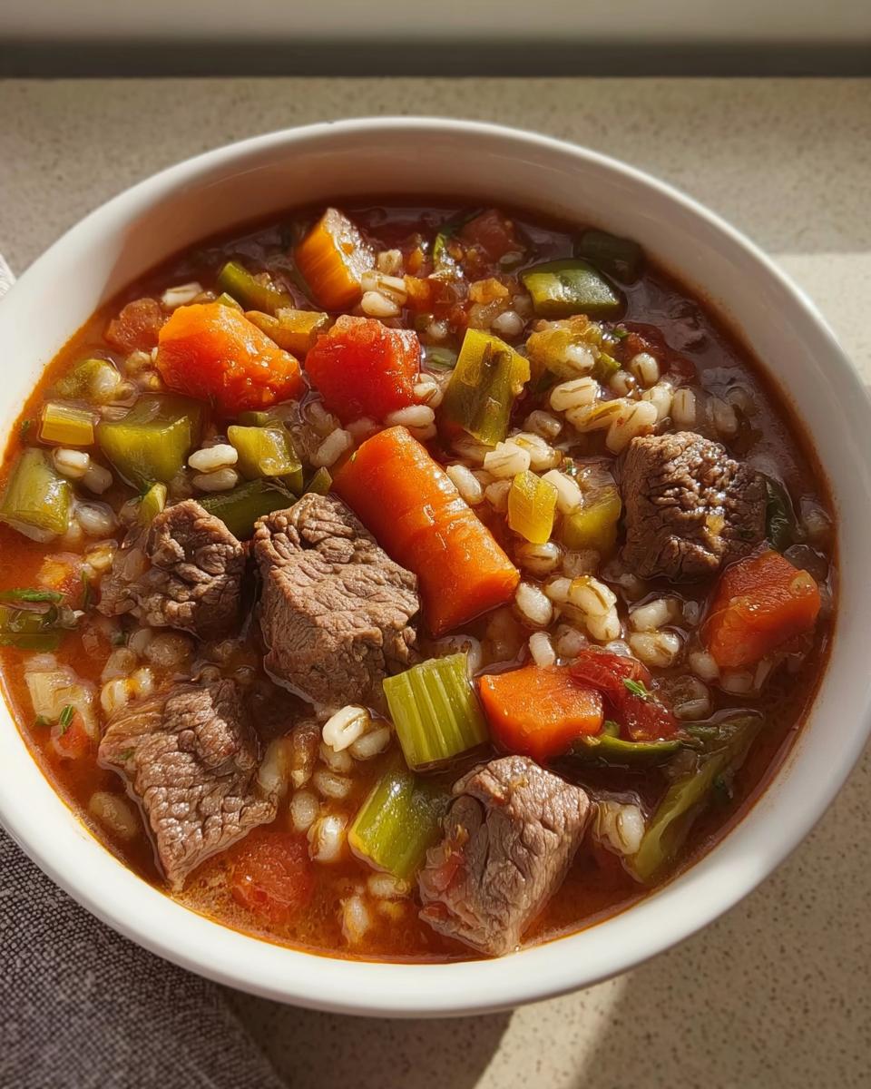 Close-up of a white bowl filled with Hearty Beef and Vegetable Barley Soup, showing chunks of beef, carrots, celery, and barley.