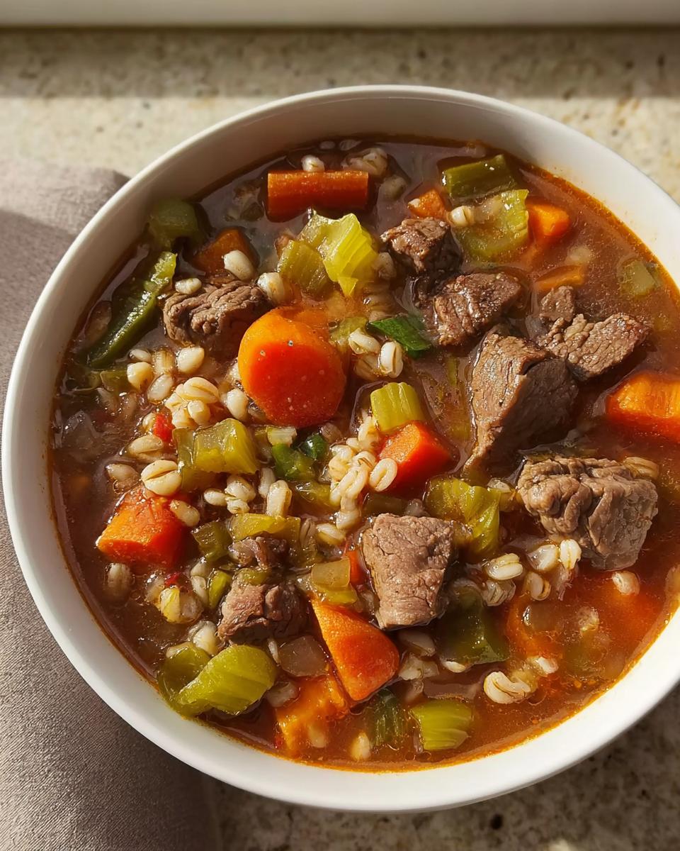 Close-up of a white bowl filled with Hearty Beef and Vegetable Barley Soup, showing chunks of beef, carrots, celery, and barley.