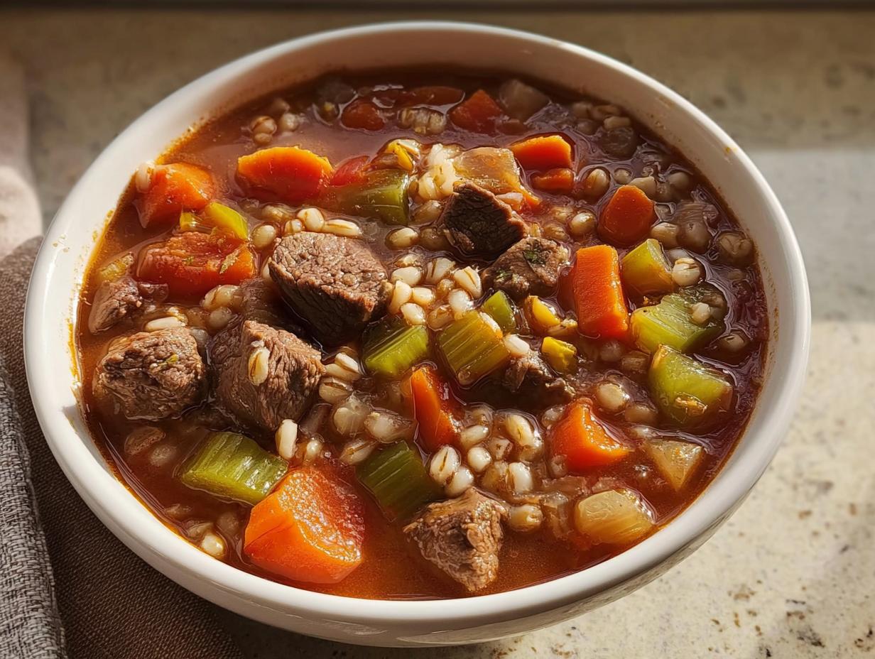 Close-up of a white bowl filled with Hearty Beef and Vegetable Barley Soup, showing chunks of beef, carrots, celery, and barley.
