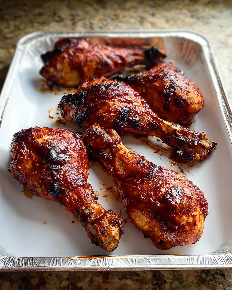 Four glistening Honey BBQ Baked Chicken Legs resting in a foil baking pan.
