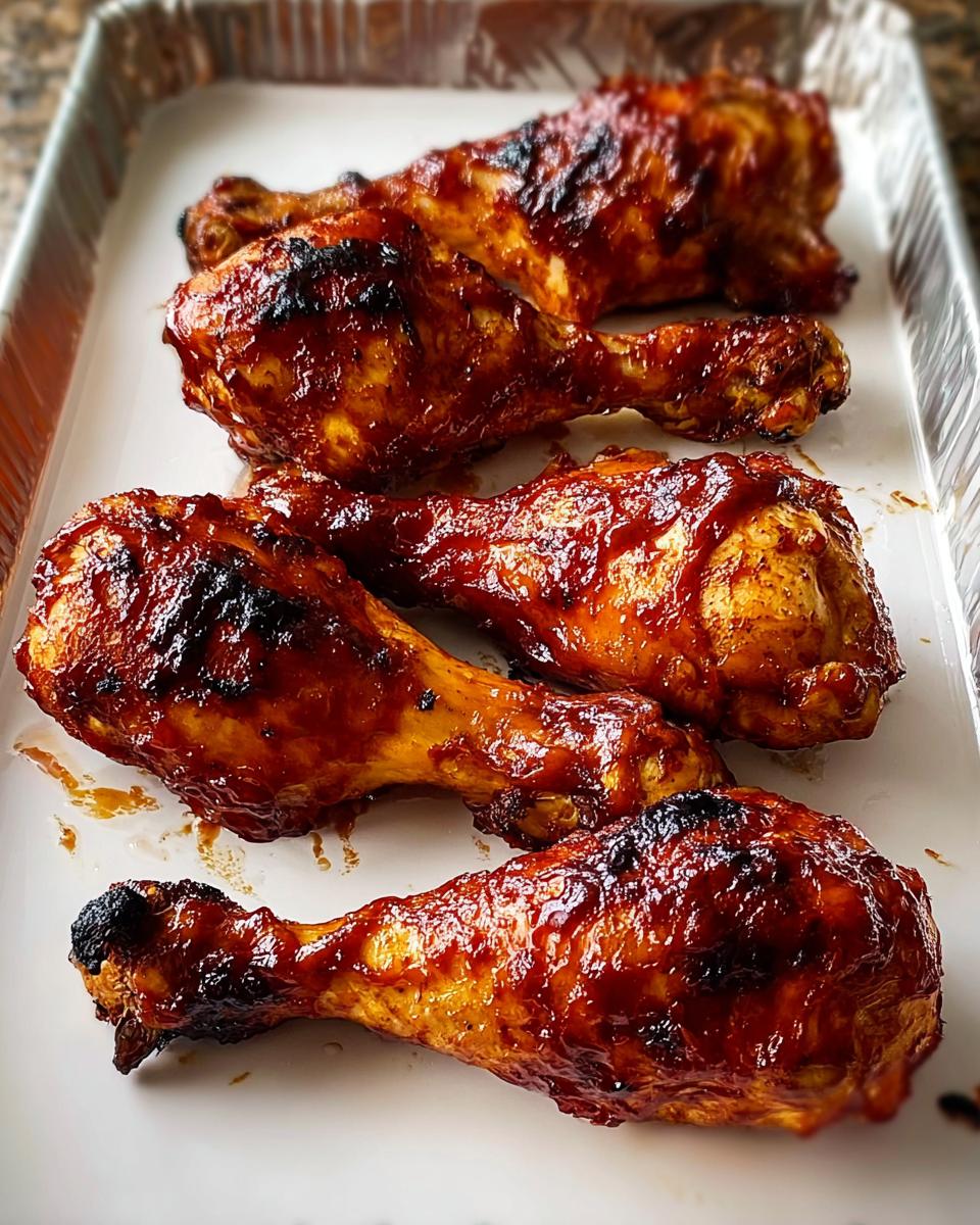 Four perfectly cooked Honey BBQ Baked Chicken Legs resting in a foil-lined pan.