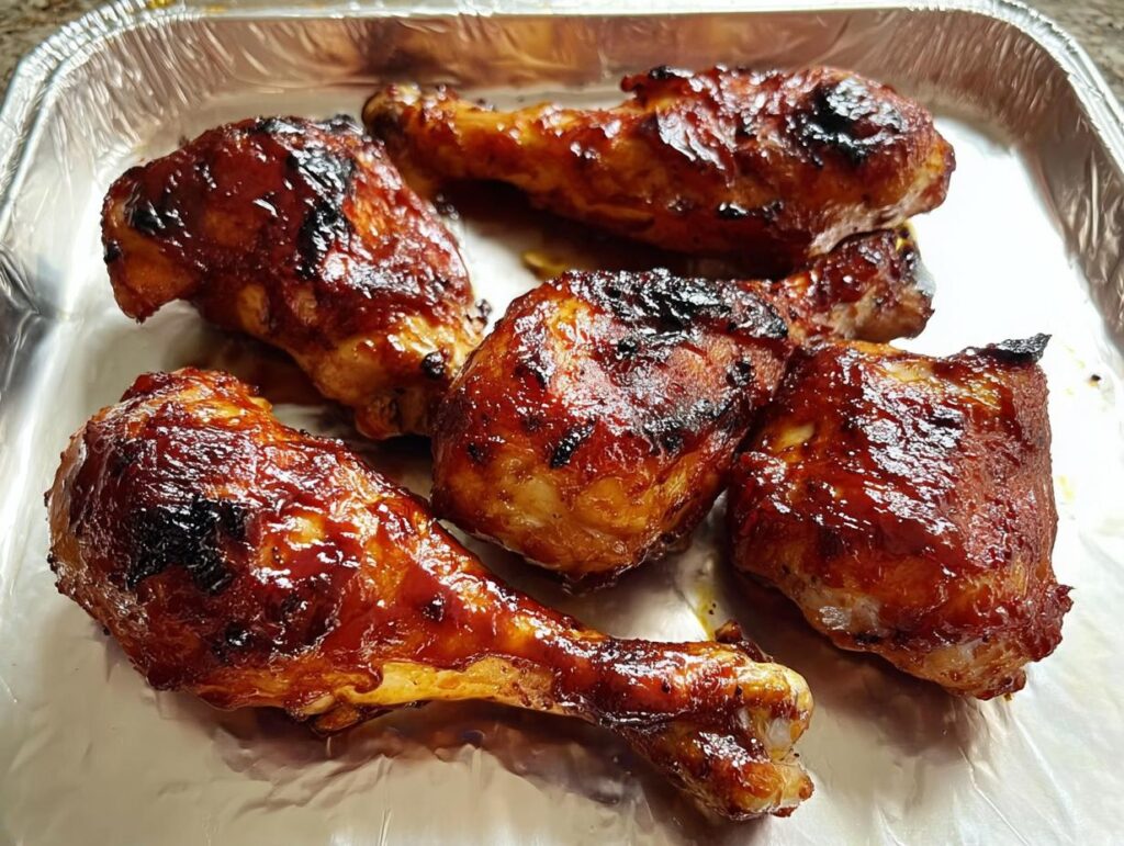 Close-up of sticky, glazed Honey BBQ Baked Chicken Legs fresh from the oven on a foil-lined tray.