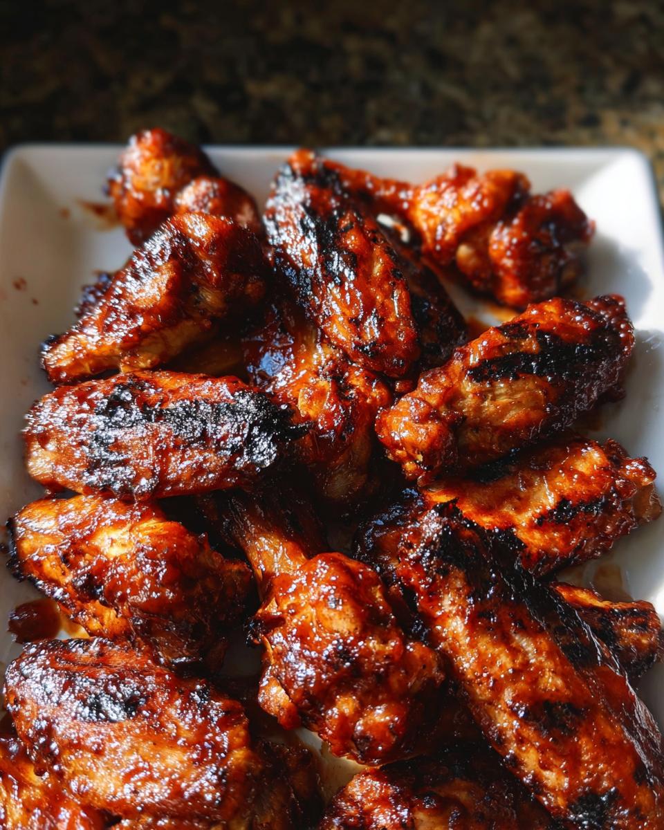 Close-up of perfectly grilled Honey BBQ Grilled Chicken Wings coated in a thick, sticky, dark glaze.