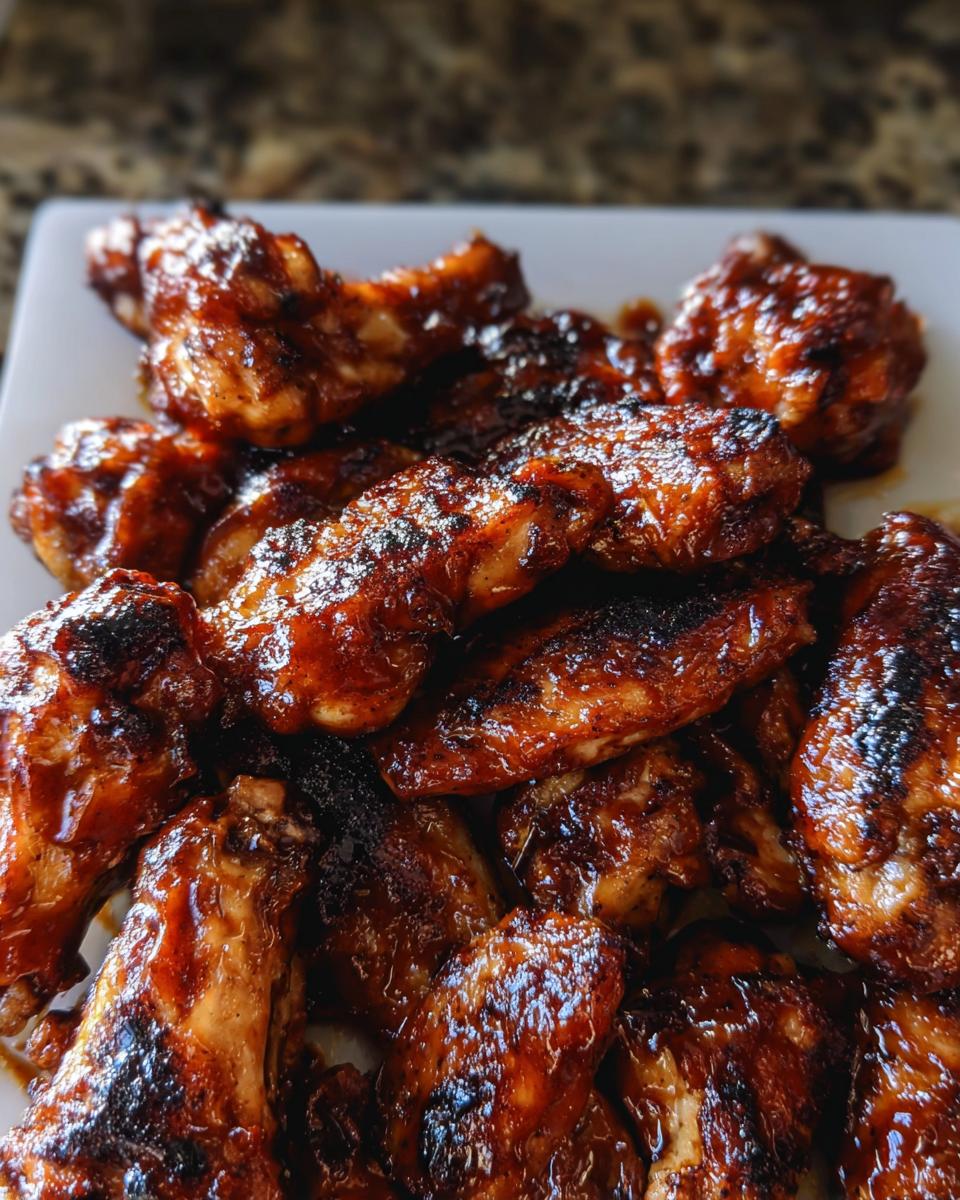 A pile of perfectly grilled Honey BBQ Grilled Chicken Wings coated in a thick, glossy, caramelized sauce.