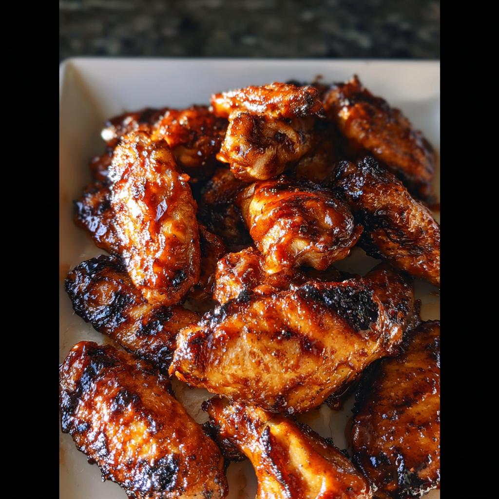 Close-up of a pile of perfectly grilled Honey BBQ Grilled Chicken Wings, glistening with sauce.