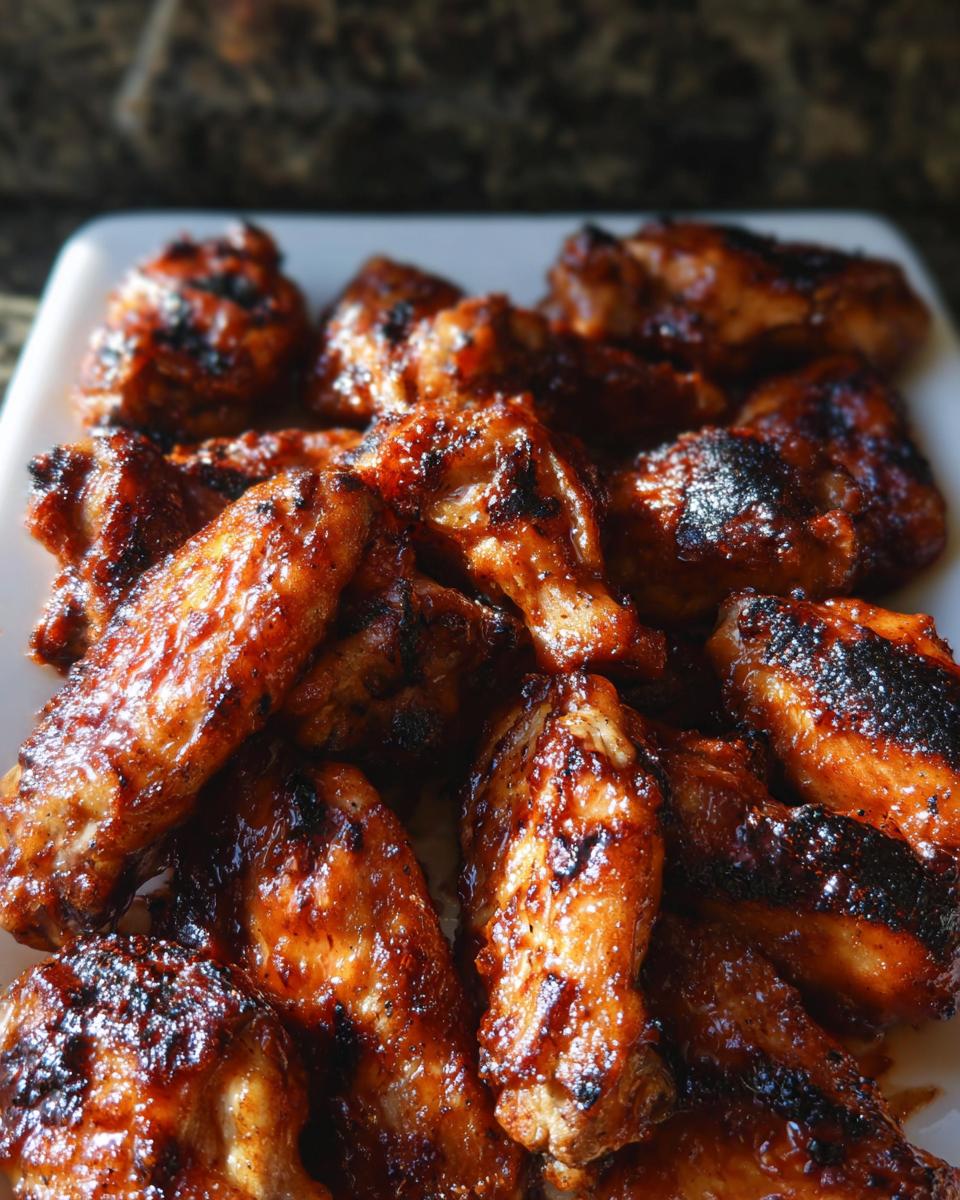 A close-up of several glossy, caramelized Honey BBQ Grilled Chicken Wings piled on a white platter.