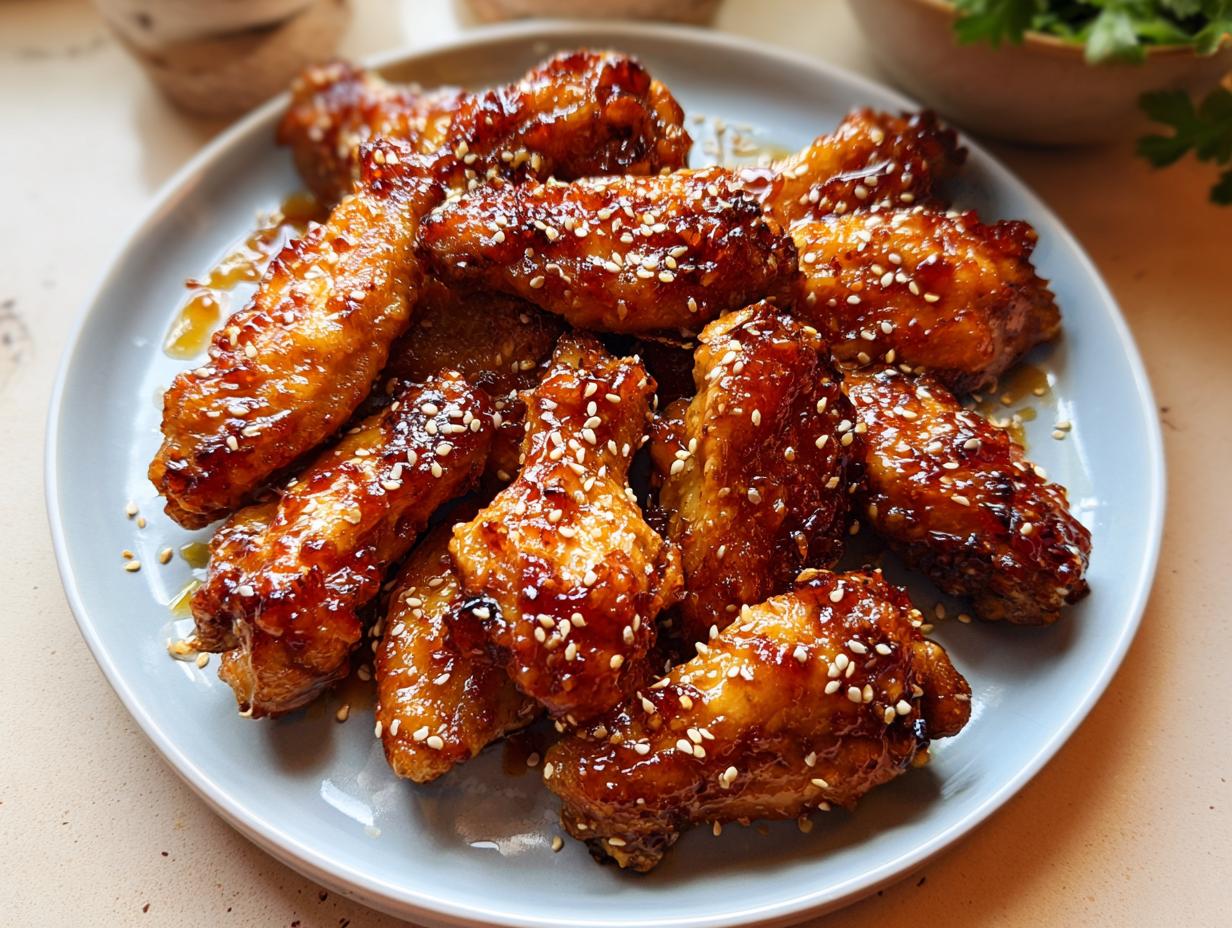 A plate piled high with Honey Garlic Sticky Chicken Wings, glistening with sauce and sprinkled generously with sesame seeds.