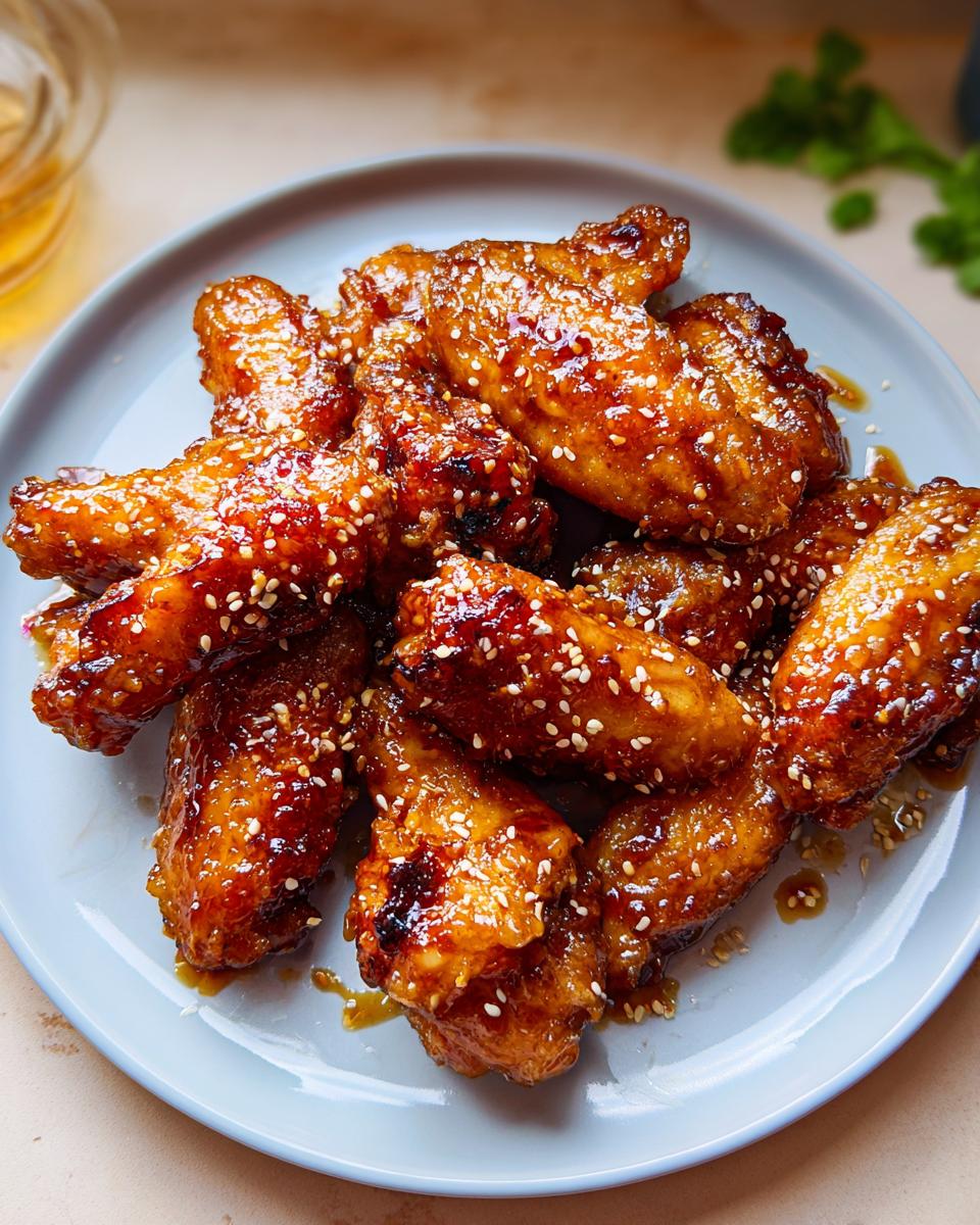 A pile of glistening Honey Garlic Sticky Chicken Wings coated in a thick glaze and sprinkled with sesame seeds on a light blue plate.
