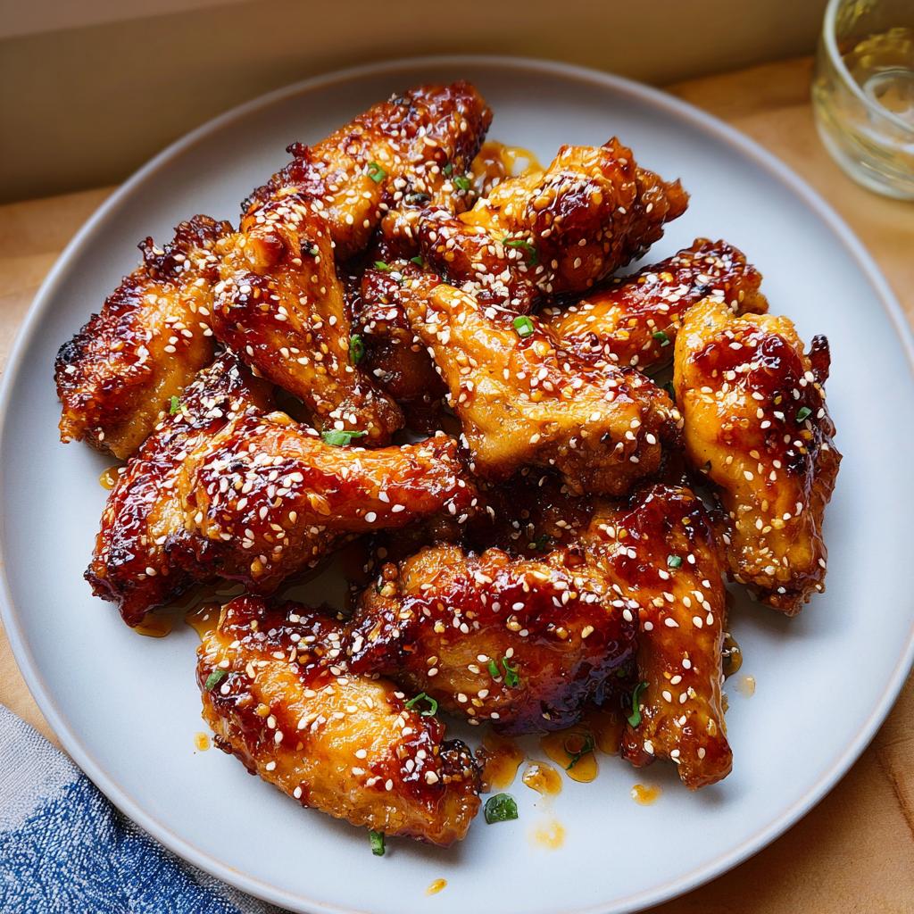 A plate piled high with Honey Garlic Sticky Chicken Wings, glazed and sprinkled with sesame seeds.