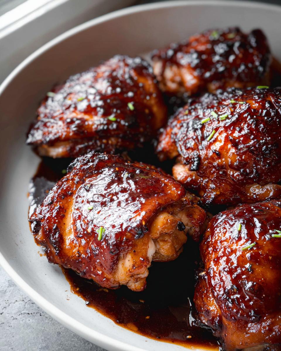Close-up of four glistening Honey Soy Glazed Chicken Thighs covered in a dark, rich sauce.