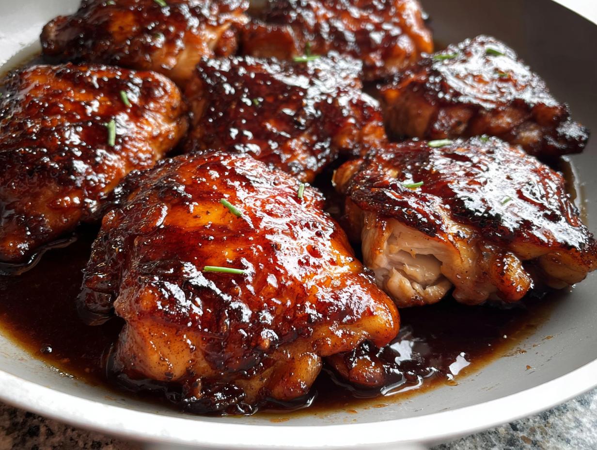Close-up of several juicy Honey Soy Glazed Chicken Thighs covered in a thick, dark, shiny glaze.