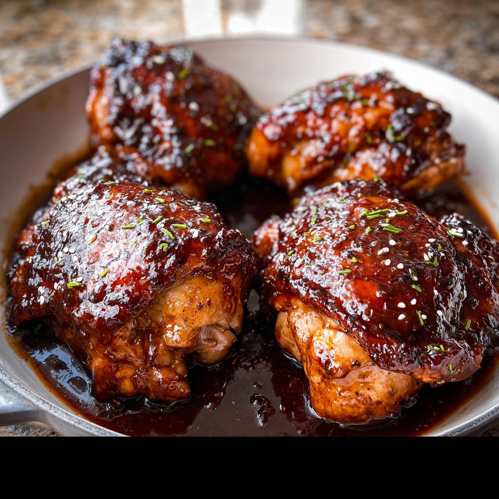 Four juicy Honey Soy Glazed Chicken Thighs covered in a thick, dark glaze and garnished with sesame seeds.