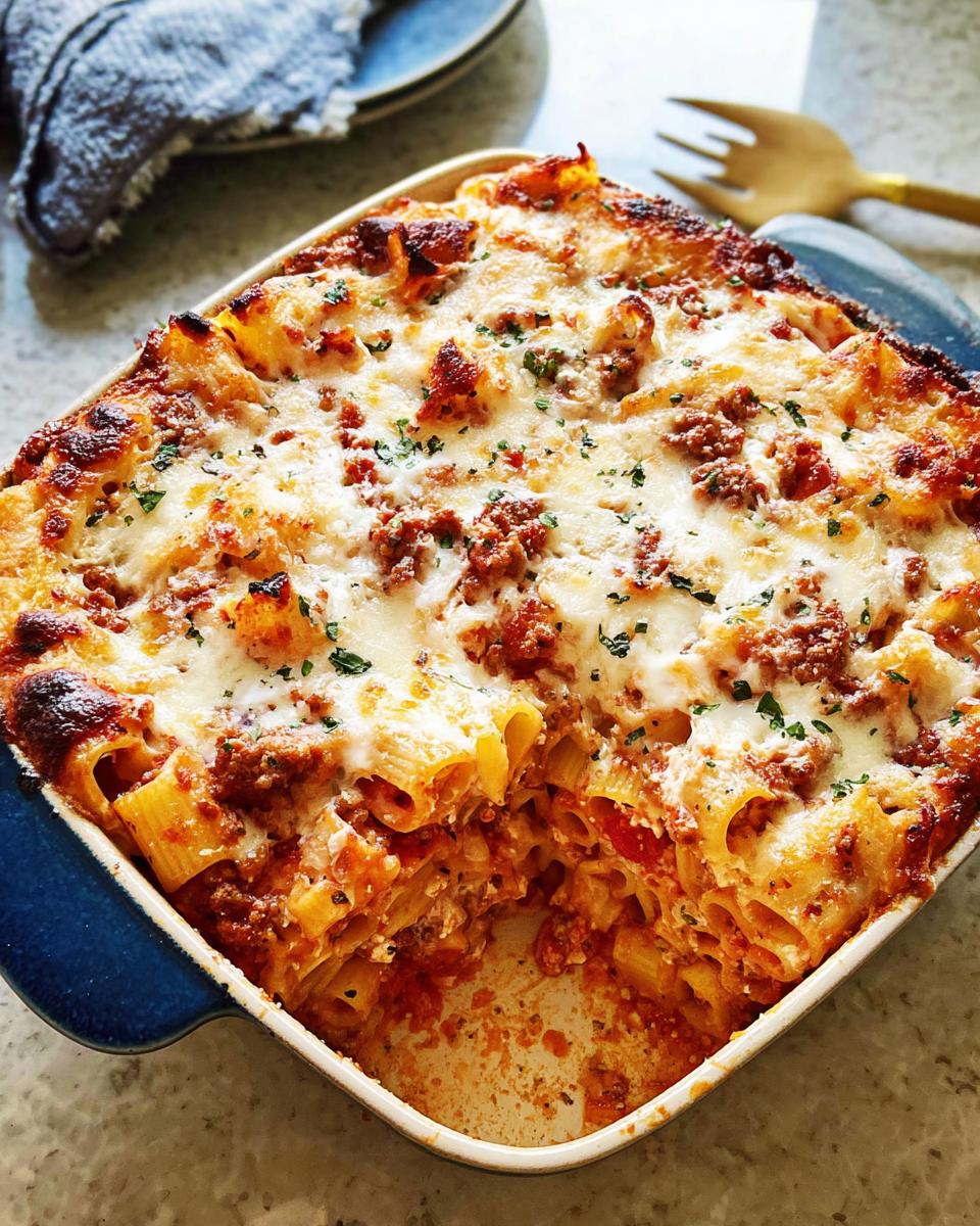 A close-up of a baked Italian Sausage Rigatoni Bake in a blue dish, featuring melted, browned cheese and meat sauce.
