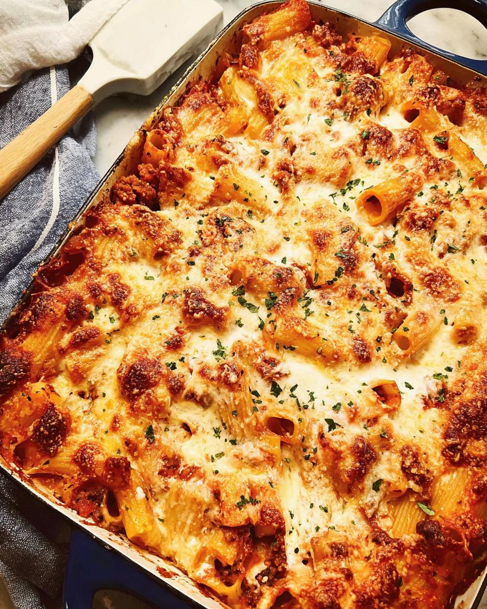 Close-up of a bubbling, baked Italian Sausage Rigatoni Bake topped with golden-brown melted cheese and parsley.