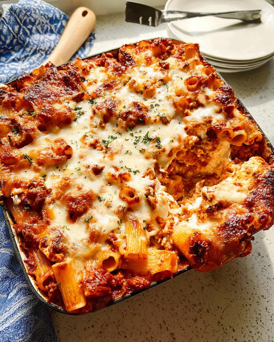 Close-up of a bubbling Italian Sausage Rigatoni Bake with melted cheese and a serving removed.