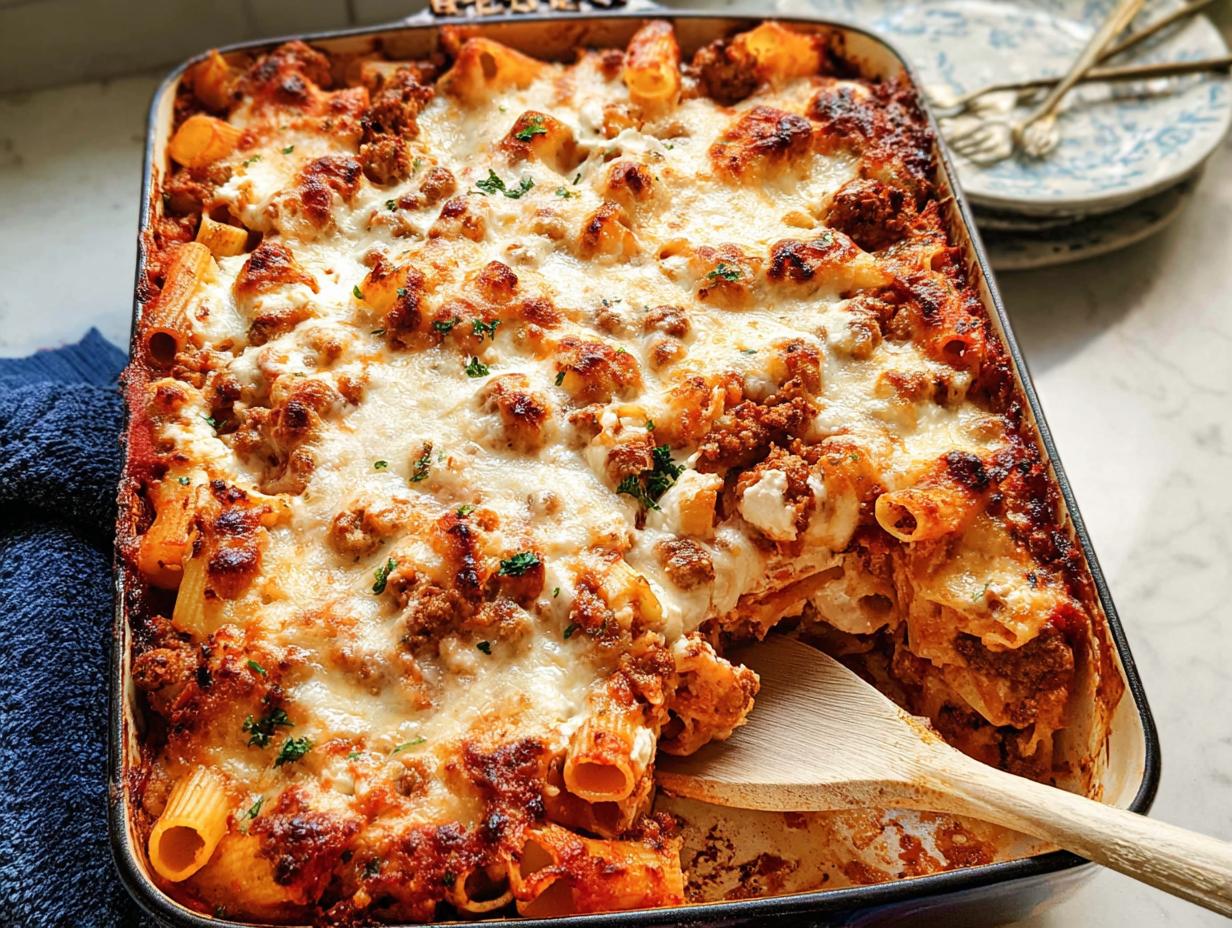 A close-up of a bubbling Italian Sausage Rigatoni Bake topped with melted, browned cheese and parsley.