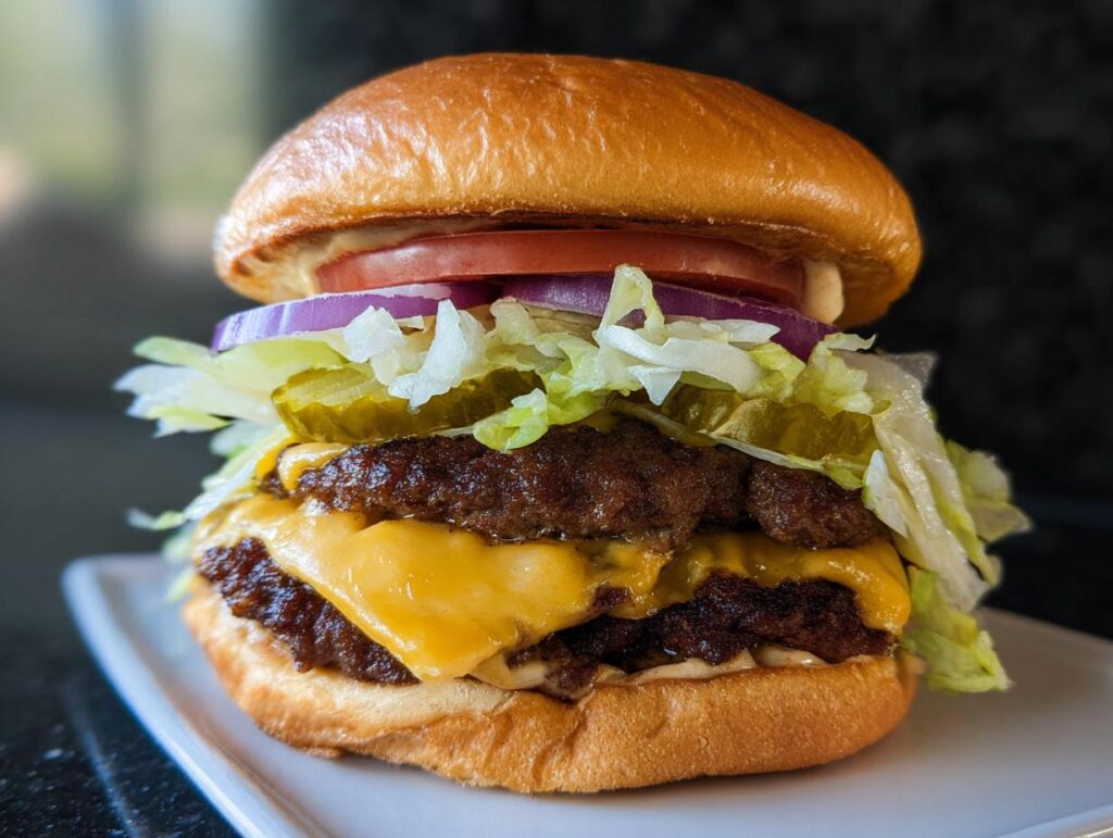 A tall, fully dressed double cheeseburger featuring perfectly seared Juicy Smash Burger Patties, melted cheese, lettuce, and onion.
