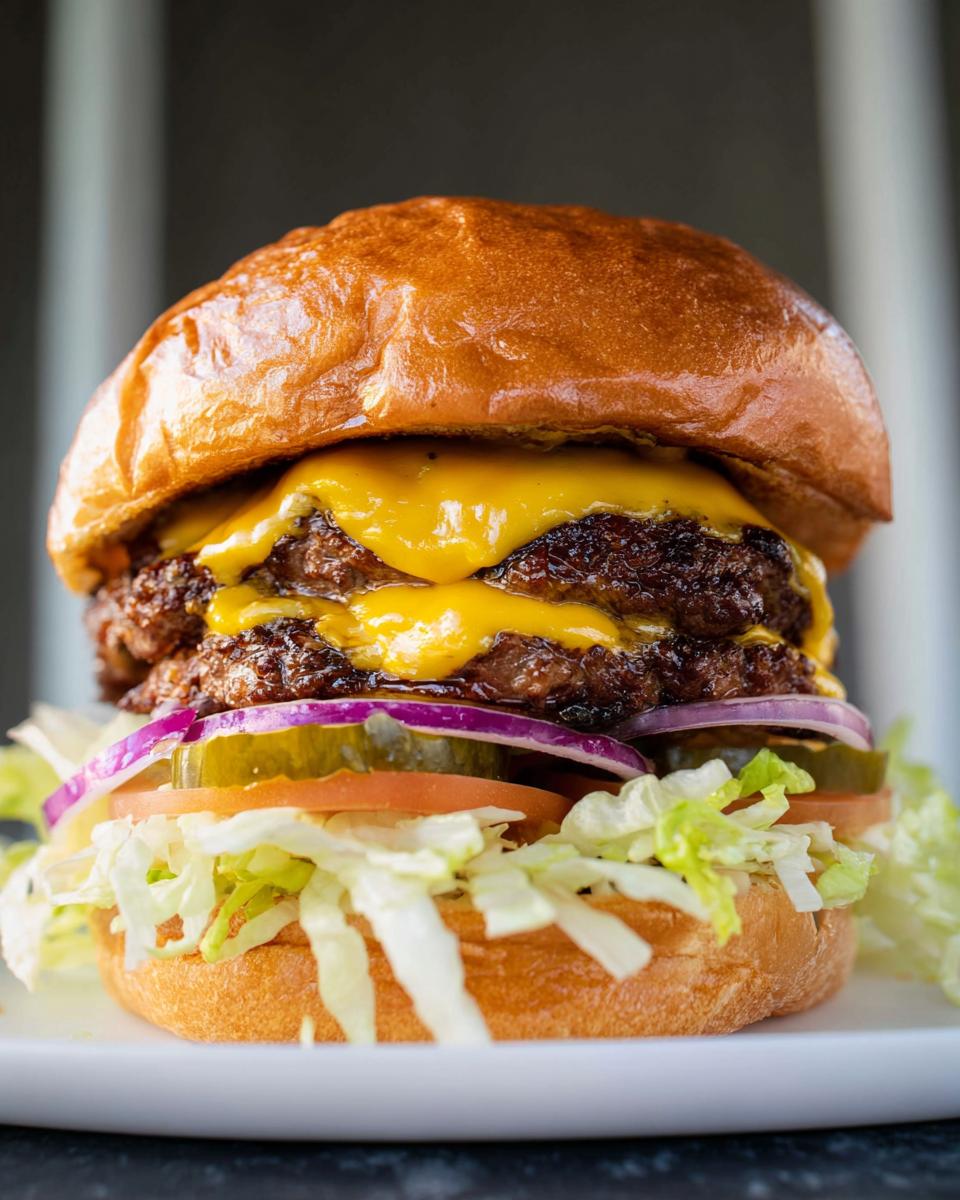 A tall, double cheeseburger featuring two crispy Juicy Smash Burger Patties, melted cheese, pickles, onion, and lettuce on a brioche bun.