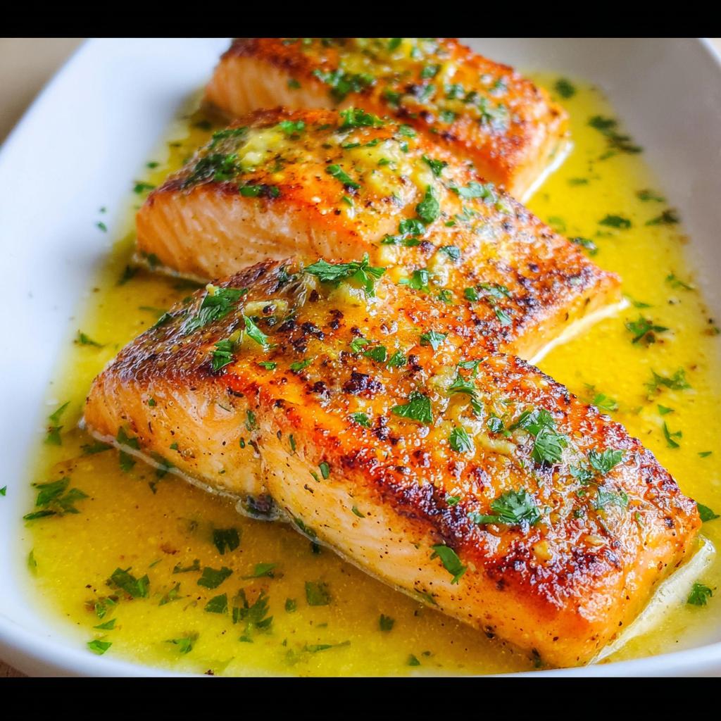 Three perfectly cooked Lemon Butter Pan Seared Salmon fillets resting in a pool of bright yellow lemon butter sauce, topped with parsley.