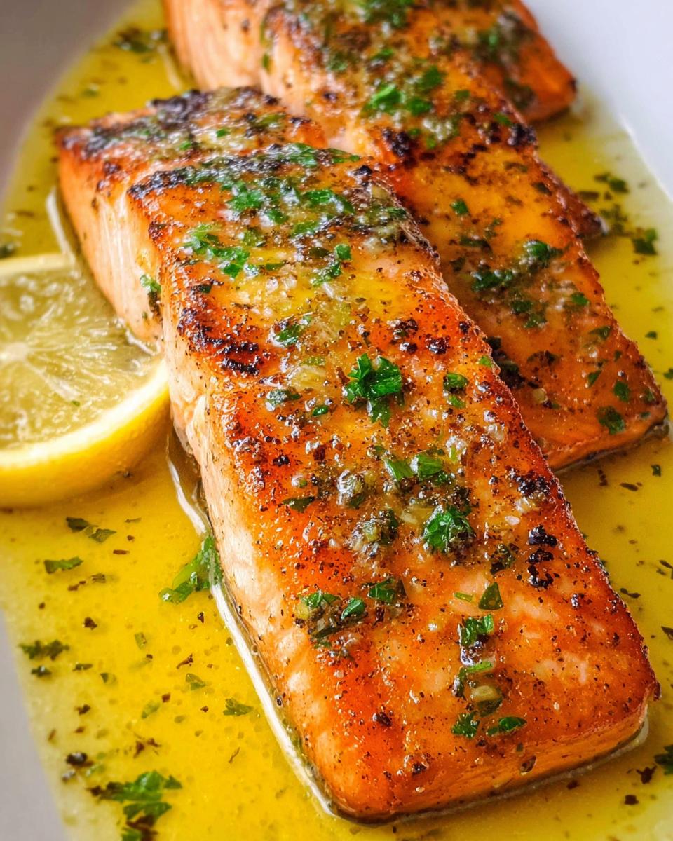 Close-up of three perfectly cooked Lemon Butter Pan Seared Salmon fillets in a rich, bright yellow sauce with parsley.