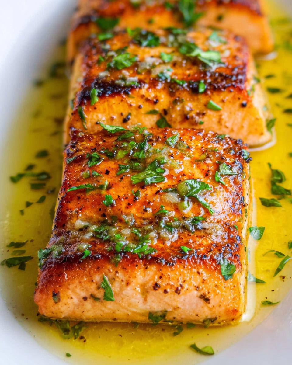 Close-up of perfectly cooked Lemon Butter Pan Seared Salmon fillets covered in garlic butter sauce and fresh parsley.