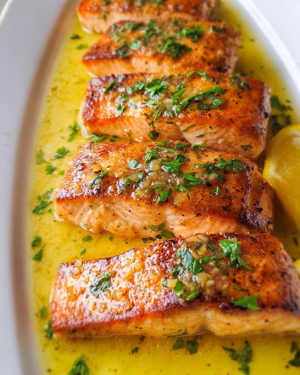 Close-up of four perfectly cooked Lemon Butter Pan Seared Salmon fillets drizzled with sauce and parsley.