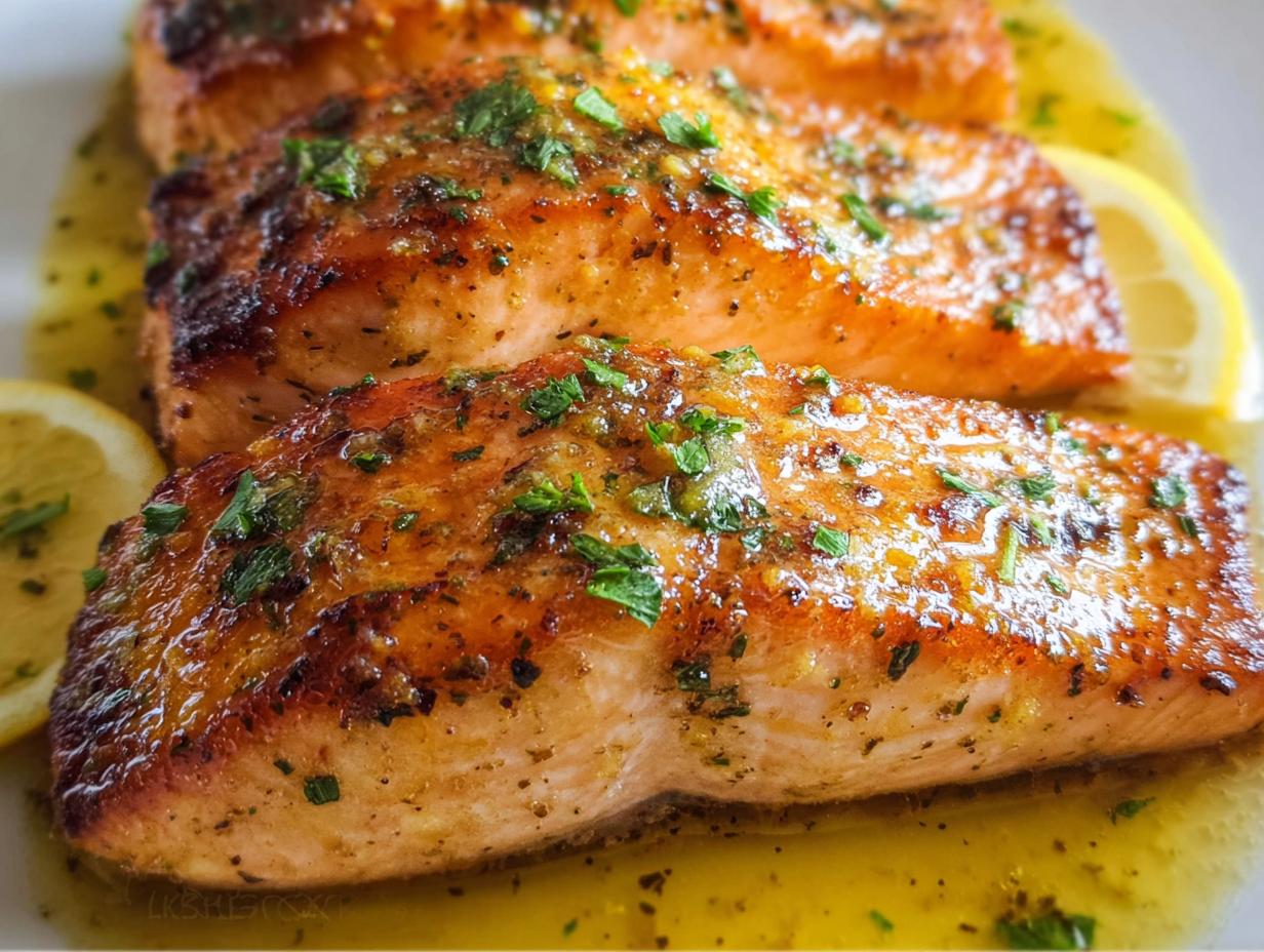 Close-up of three golden-brown Lemon Butter Pan Seared Salmon fillets glistening in sauce with parsley.