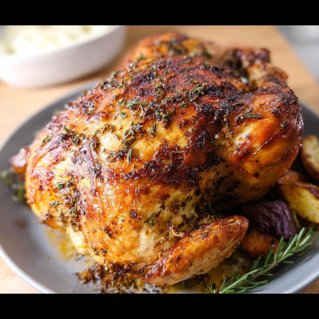 A beautifully browned Lemon Herb Whole Roasted Chicken seasoned with herbs, resting on a platter with roasted potatoes.