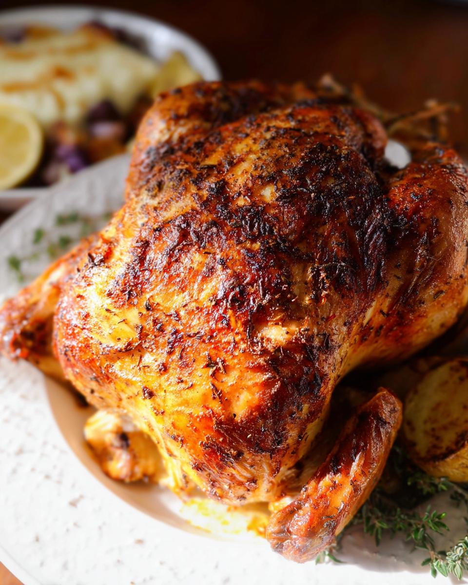 A perfectly cooked Lemon Herb Whole Roasted Chicken with crispy, browned skin, resting on a platter with herbs.