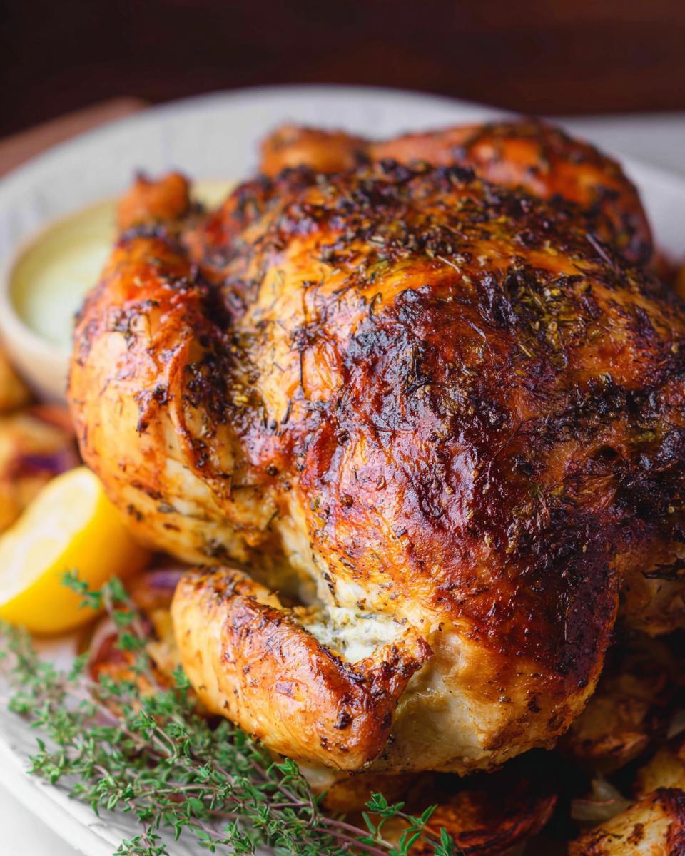 A perfectly cooked Lemon Herb Whole Roasted Chicken with dark, crispy skin, garnished with fresh thyme and lemon wedges.