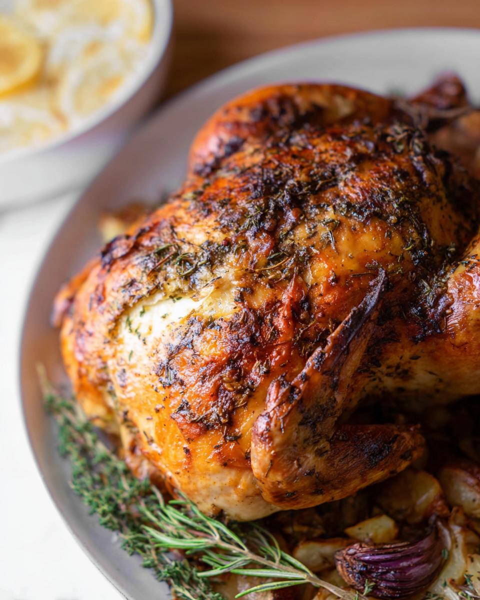 A perfectly roasted whole chicken with crispy, herb-crusted skin, ready to serve as the Lemon Herb Whole Roasted Chicken.