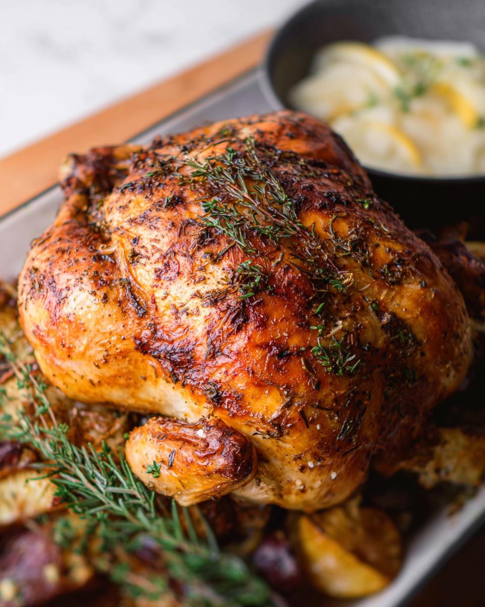 A beautifully browned Lemon Herb Whole Roasted Chicken garnished with fresh thyme and rosemary, resting on roasted potatoes.