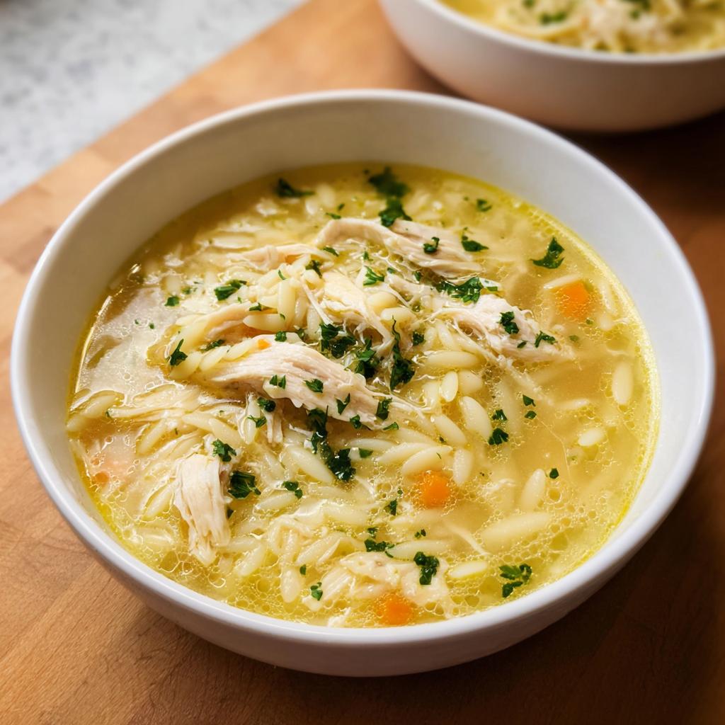 Close-up of a white bowl filled with Lemon Orzo Chicken Soup, featuring shredded chicken and orzo pasta.