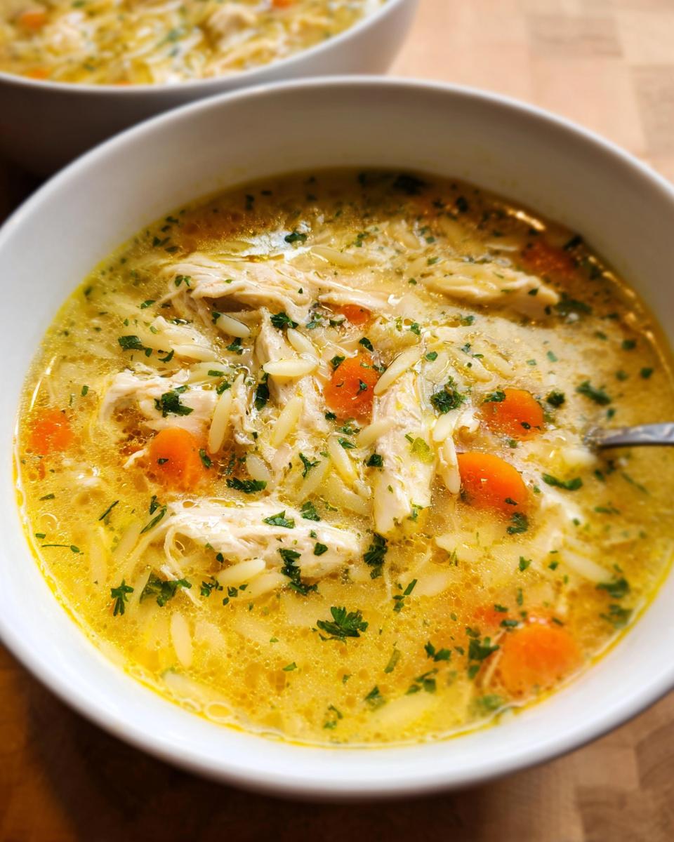 Close-up of a white bowl filled with vibrant yellow Lemon Orzo Chicken Soup, featuring shredded chicken, orzo pasta, carrots, and parsley.