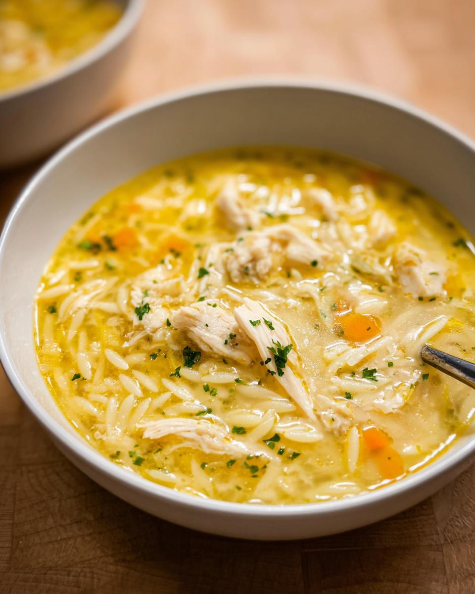 Close-up of a white bowl filled with rich Lemon Orzo Chicken Soup, featuring shredded chicken, orzo pasta, and carrots.