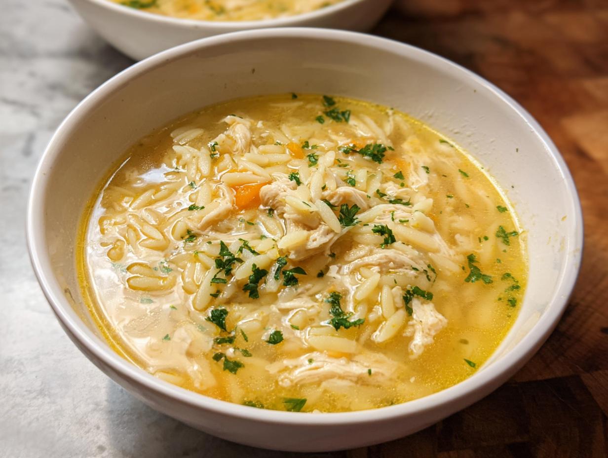 Close-up of a white bowl filled with Lemon Orzo Chicken Soup, featuring shredded chicken, orzo pasta, and parsley garnish.