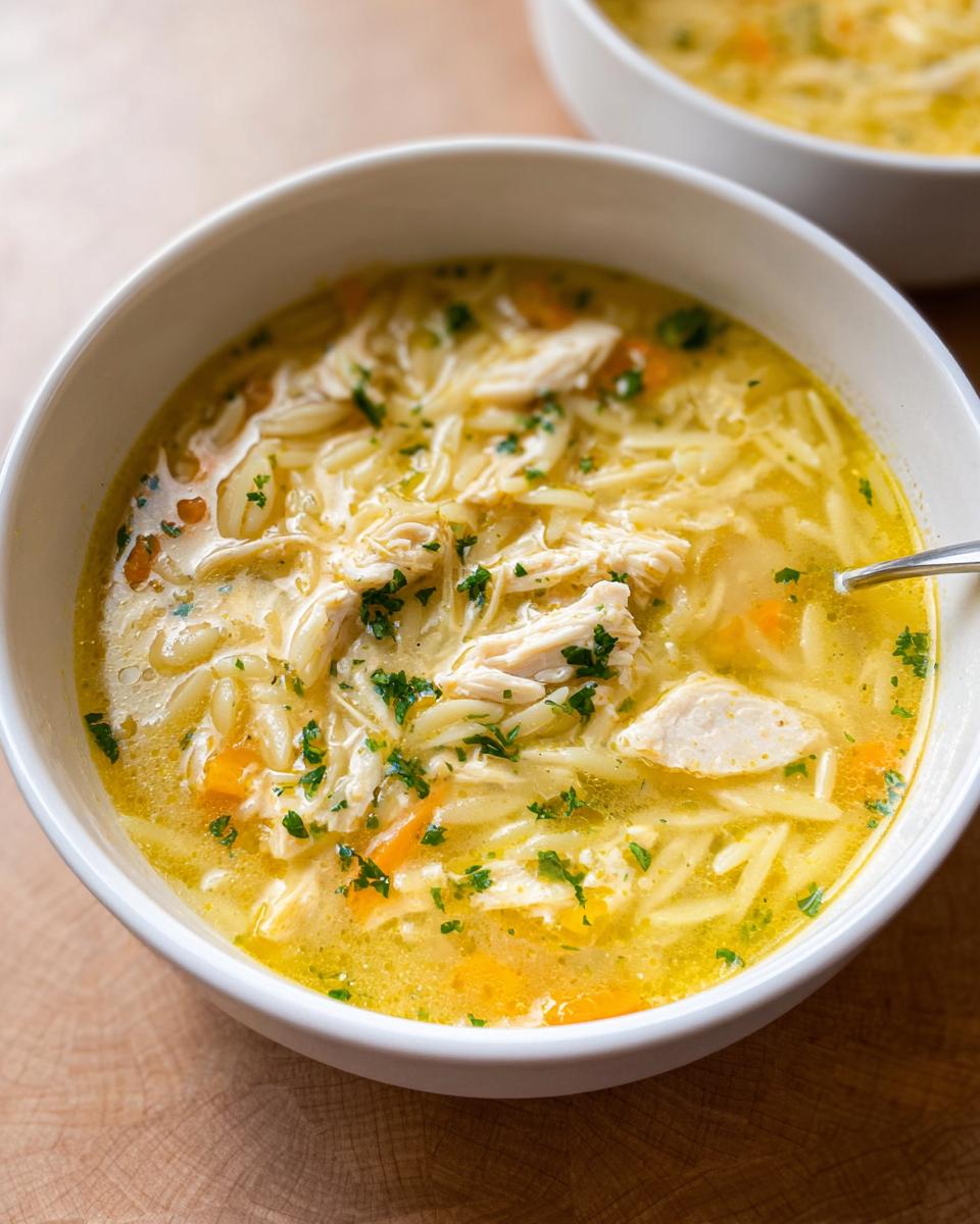 A close-up view of a white bowl filled with vibrant Lemon Orzo Chicken Soup, featuring shredded chicken, orzo pasta, and chopped carrots.