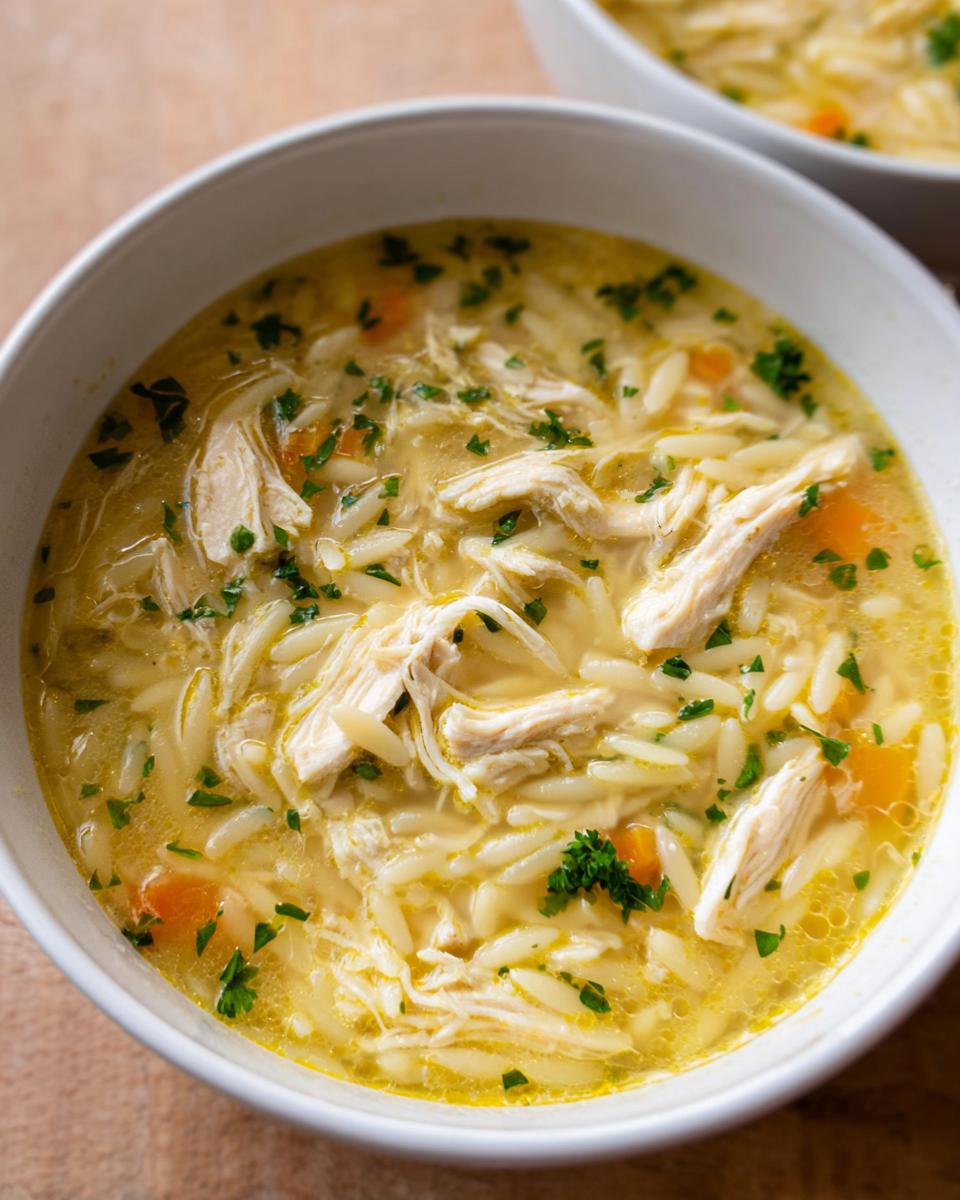 Close-up of a bowl of Lemon Orzo Chicken Soup, featuring shredded chicken, orzo pasta, carrots, and parsley garnish.