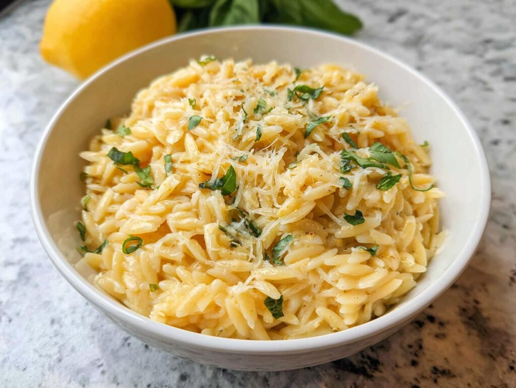 A white bowl filled with creamy Lemon Parmesan Orzo, topped with grated cheese and fresh basil.
