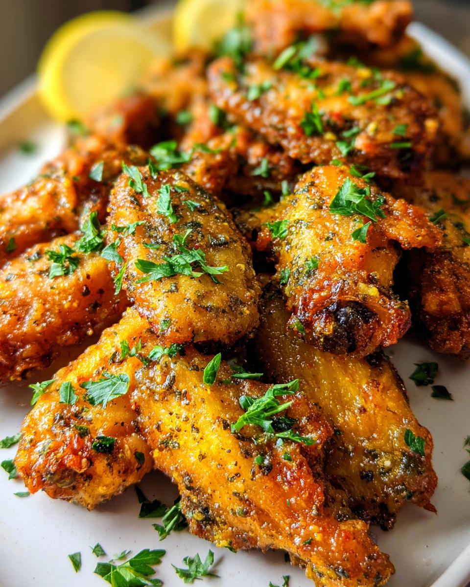 Close-up of crispy Lemon Pepper Butter Chicken Wings garnished with fresh parsley and lemon slices in the background.