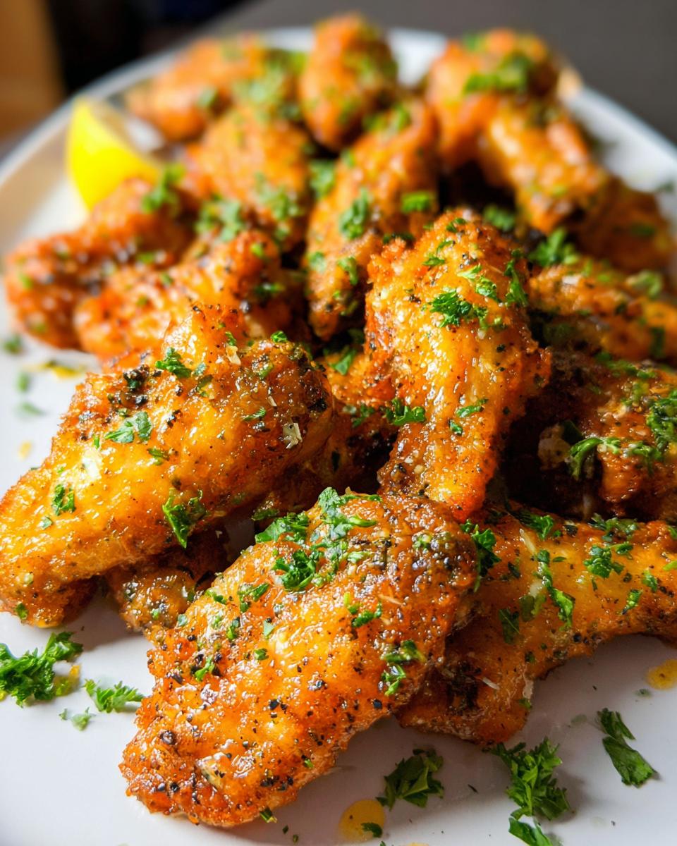 Close-up of crispy Lemon Pepper Butter Chicken Wings coated in sauce and fresh parsley.
