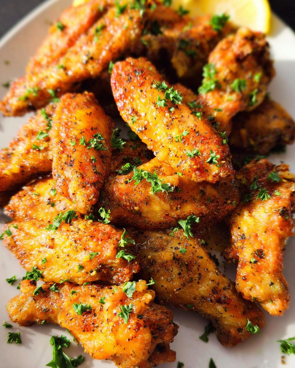Close-up of golden, crispy Lemon Pepper Butter Chicken Wings garnished with fresh parsley.