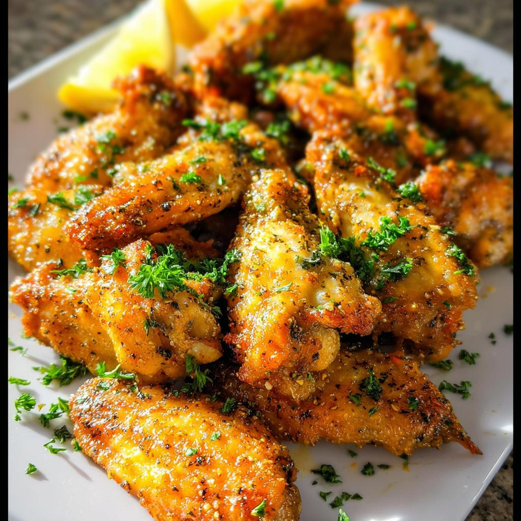 A close-up of crispy Lemon Pepper Butter Chicken Wings seasoned with herbs and garnished with parsley.