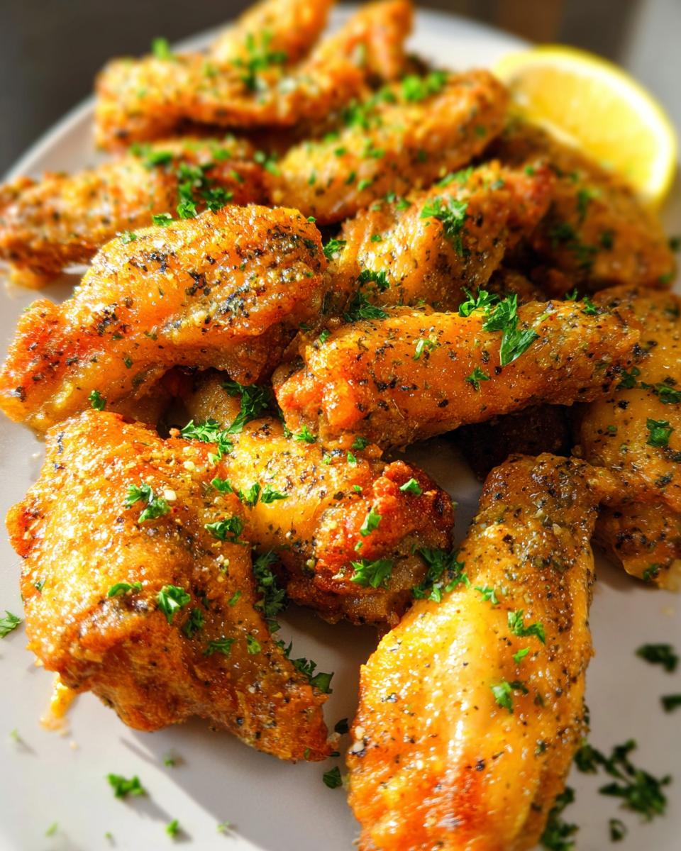Close-up of crispy Lemon Pepper Butter Chicken Wings garnished with fresh parsley and a lemon wedge.