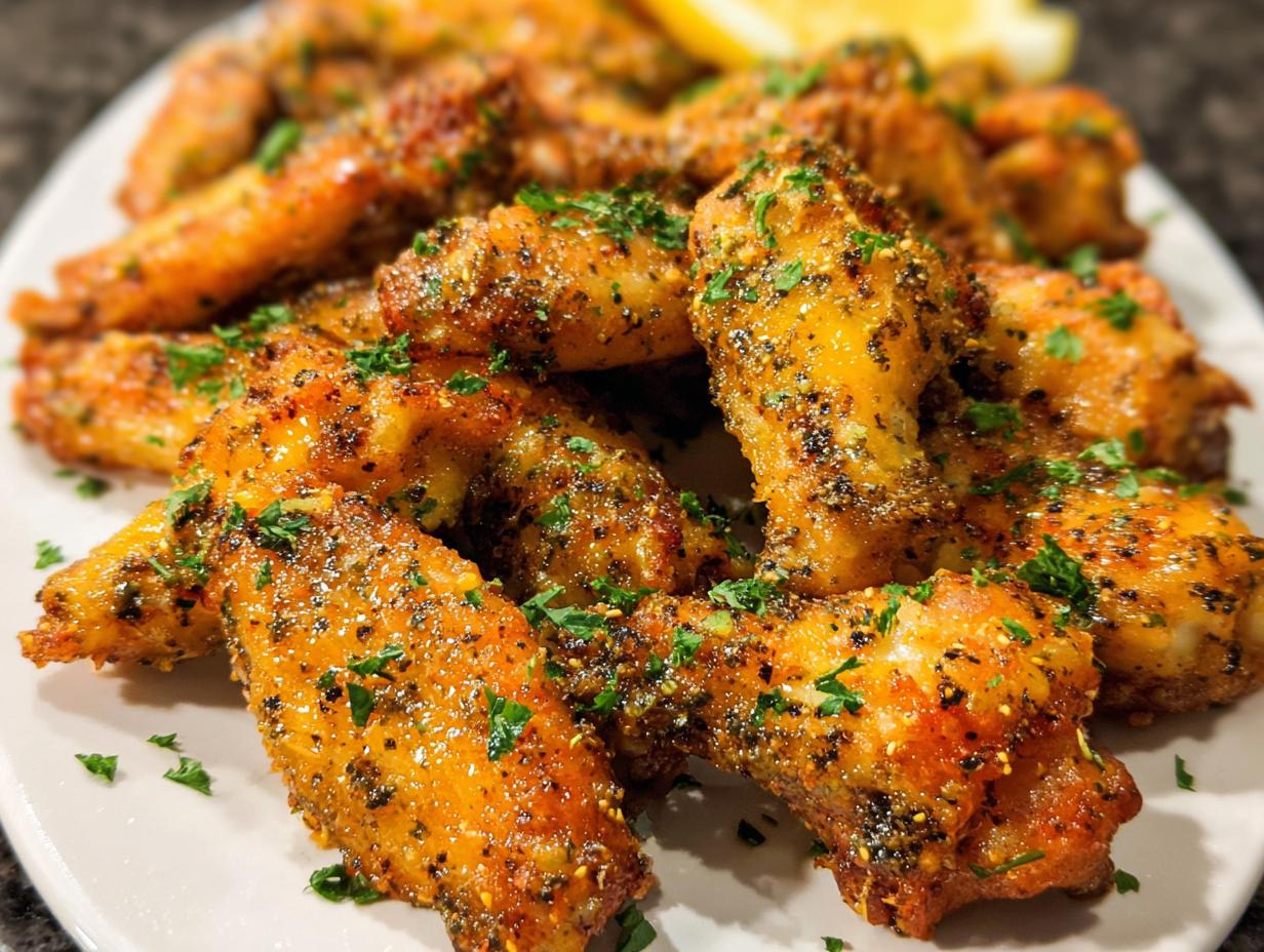 Close-up of golden, crispy Lemon Pepper Butter Chicken Wings seasoned with pepper and parsley.