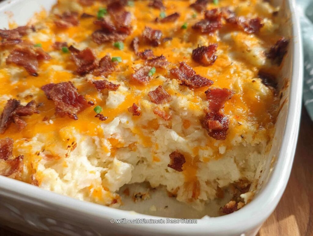A close-up view of a creamy Loaded Baked Potato Casserole topped with melted cheddar cheese and crispy bacon bits.