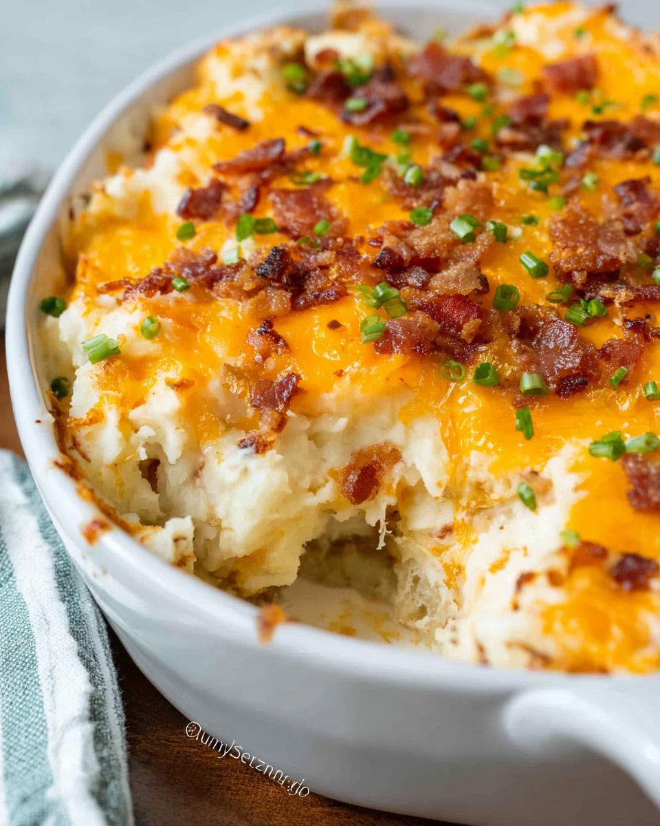 A scoop taken out of a creamy Loaded Baked Potato Casserole topped with melted cheddar cheese, bacon bits, and chives.