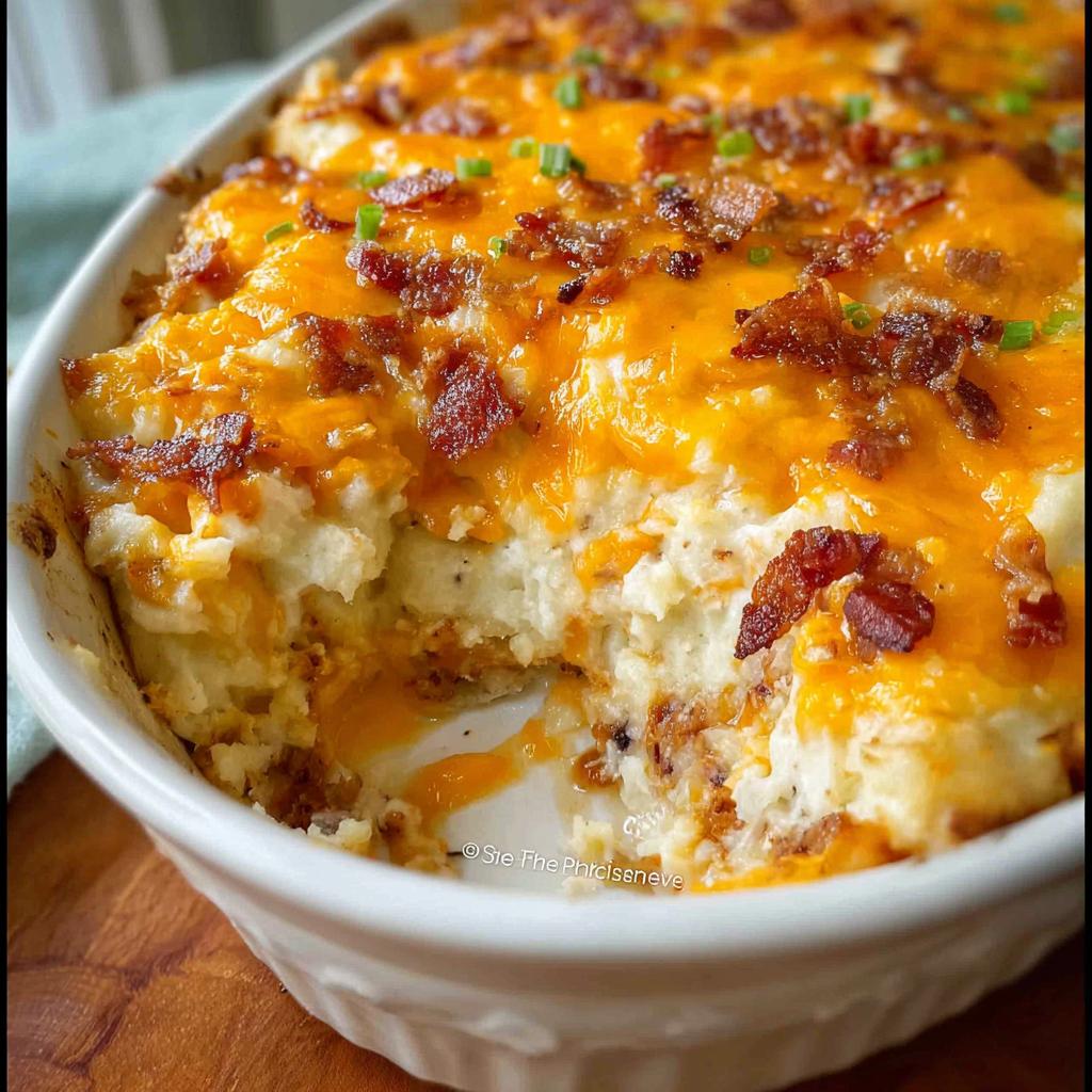 Close-up of a creamy Loaded Baked Potato Casserole topped with melted cheddar cheese and bacon bits.