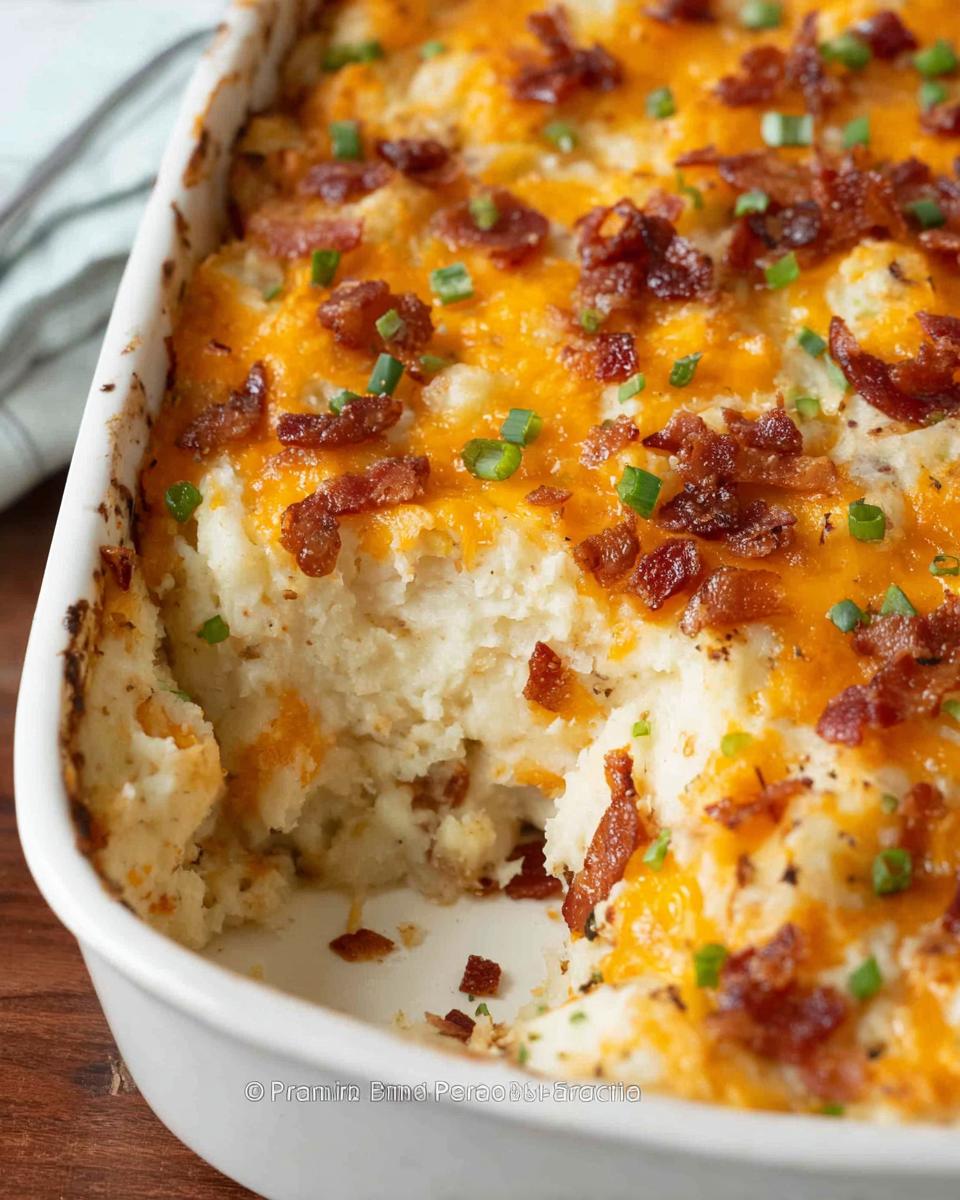 A creamy Loaded Baked Potato Casserole topped with melted cheddar cheese, bacon bits, and chives in a white baking dish.
