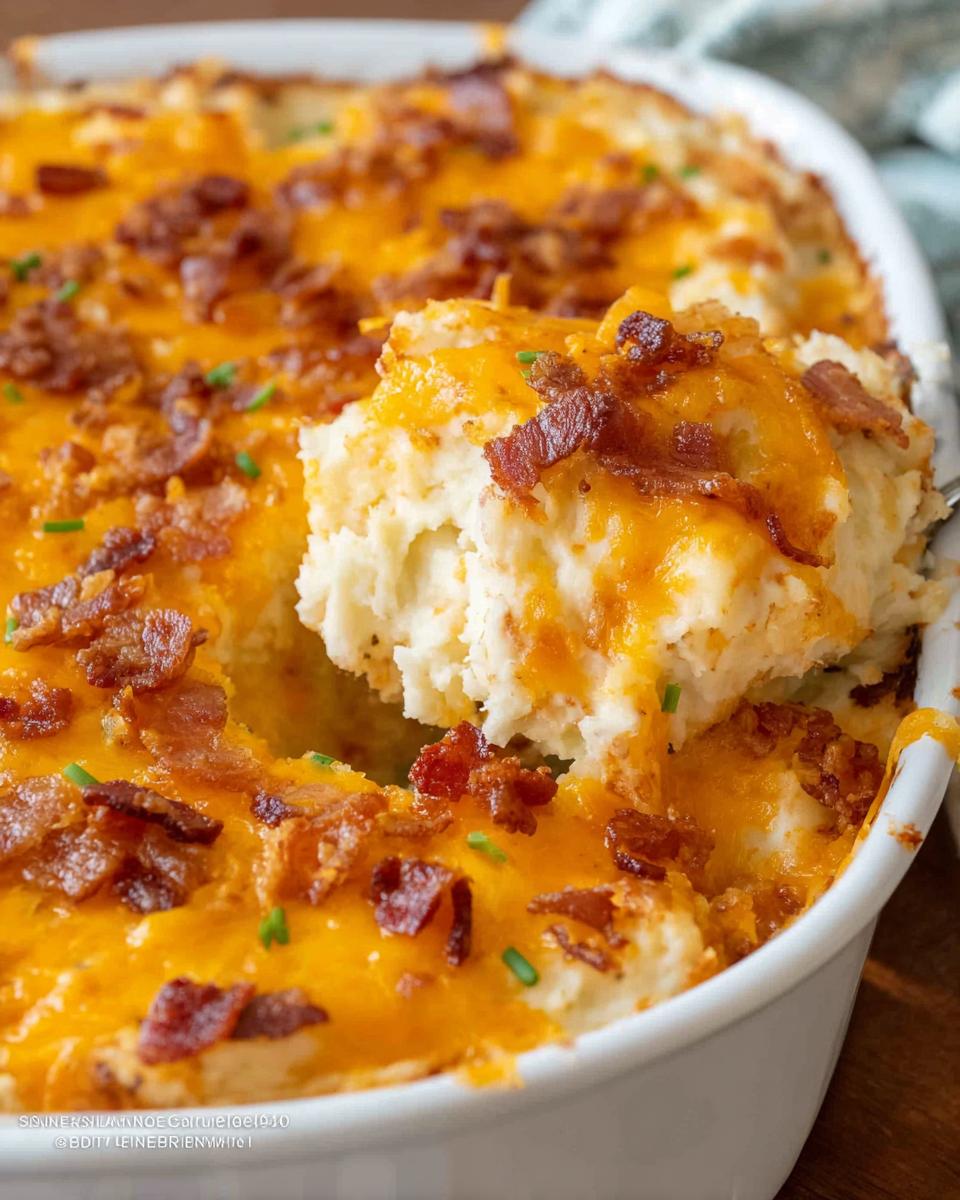 A scoop of creamy Loaded Baked Potato Casserole topped with melted cheddar cheese and crispy bacon bits.